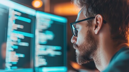 Focused man analyzing data on computer screen while engaged in digital entrepreneurship and strategic decision making