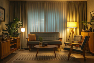 Fototapeta premium Cozy living room at night, illuminated by warm lamps, featuring mid-century modern furniture and plants.