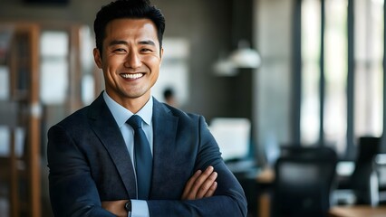 Fototapeta premium A smiling man in a suit stands confidently with crossed arms in a modern office setting. Concept Professional Attire, Confident Body Language, Modern Office Environment, Smiling Portrait