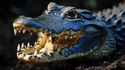 Obraz premium A tantalizing glimpse into a crocodile's fierce jaws, showcasing razor-sharp, spottily-marked teeth against a striking black-and-white speckled backdrop