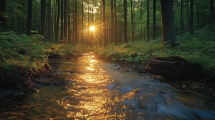Fototapeta premium Golden sunset illuminates tranquil forest stream.