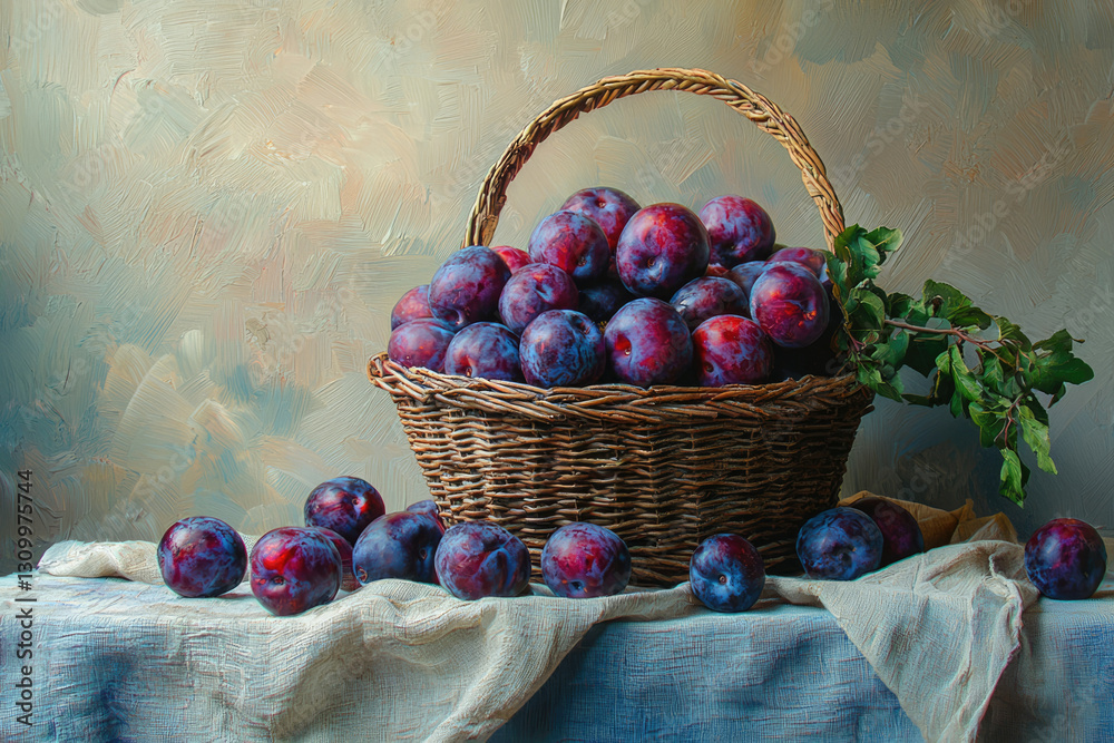 Poster a rustic still life featuring a wicker basket overflowing with ripe, dark plums, complemented by a f