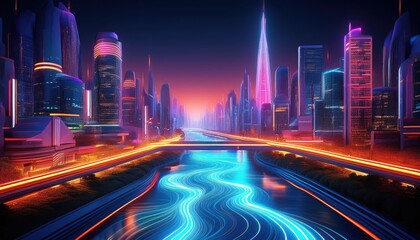 Fototapeta premium A breathtaking urban landscape at dusk with glowing skyscrapers lining a winding river.