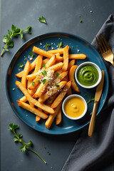 Overhead shot of a plate of french fries topped with cheese and parsley, served with two dipping sauces.