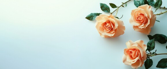Lovely peach roses against a gradient white background space