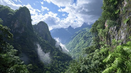 Fototapeta premium Lush valley, misty mountains, scenic view, tropical landscape