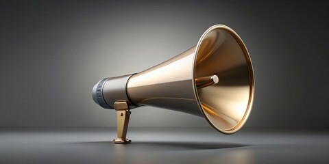 A polished golden megaphone on a dark background with a metallic grip and a detailed horn design.