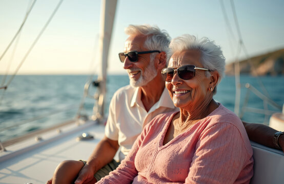 Elderly couple enjoying yacht trip. Happy smiling people. Sea voyage, active recreation. Love, romance of senior persons. Pensioners relax on boat, admire skyline horizon over peaceful ocean. - Powered by Adobe