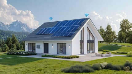 Obraz premium A modern house with solar panels, surrounded by greenery and mountains, showcasing sustainable living and contemporary design.