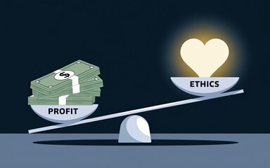 Ethics vs. Profit: A conceptual illustration depicting the balancing act between ethics and profit. The scales tips toward ethics, showcasing the value of integrity.