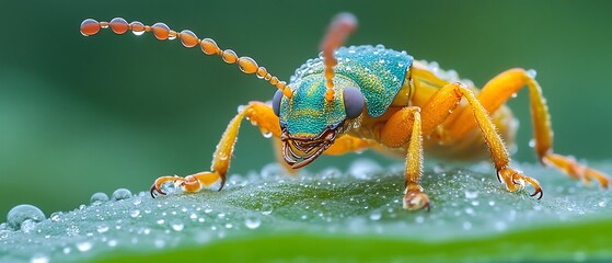 Naklejka premium Vibrant beetle on dewy leaf, macro shot
