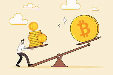 Bitcoin and crypto currency store of value compare to dollar money, inflation reduce value or investment asset choices concept, businessman investor stand with Bitcoin seesaw Dollar money coins.