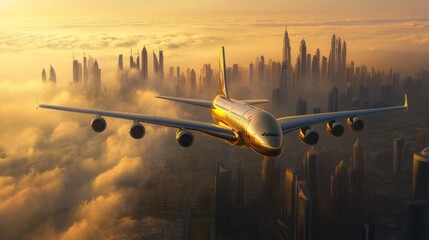 Fototapeta premium Airplane flying above city sunset cloudscape; travel, tourism