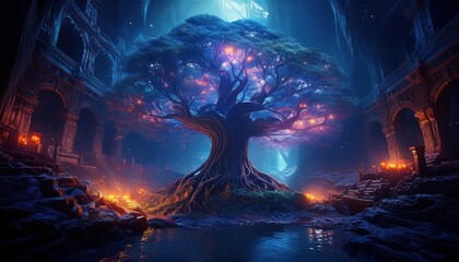 Giant enchanted tree glows with magical light in a hidden cavern surrounded by ancient ruins.