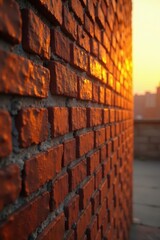 Naklejka premium Golden hour light bathes precisely laid bricks in a sturdy new wall , site, construction worker, smooth