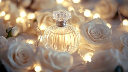A clear glass perfume bottle with a diamond-shaped cap rests elegantly atop a bed of pristine white roses, surrounded by a softly blurred backdrop, evoking elegance and luxury