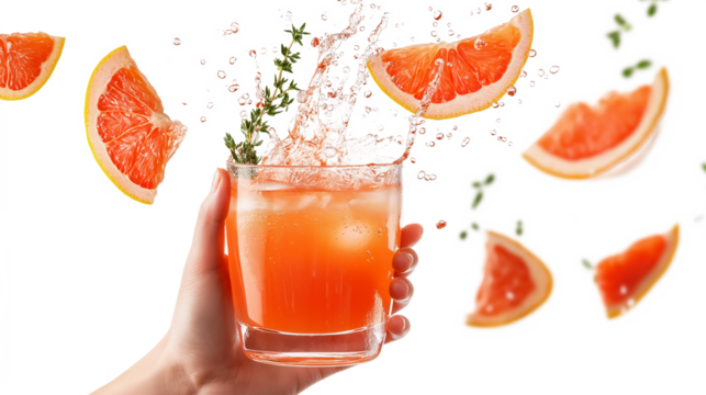 A woman holds a glass of vibrant grape cocktail, with grape slices and thyme sprigs exploding with sparkling radioactivity isolated on a white background.