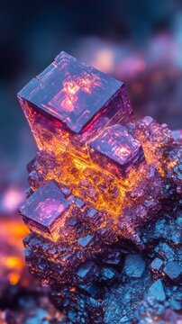 A vibrant close-up of crystalline formations displaying shades of purple and orange, highlighting the beauty of mineral structures.