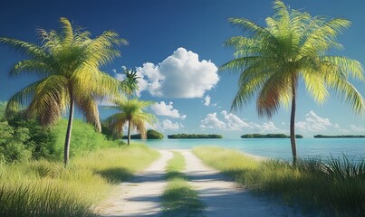 Obraz premium Tropical paradise pathway with palm trees leading to a serene ocean view