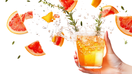 A woman holds a glass of vibrant grape cocktail, with grape slices and thyme sprigs exploding with sparkling radioactivity isolated on a white background.