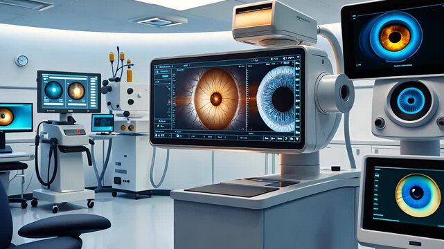 Advanced ophthalmology examination room with high-tech digital eye analysis equipment
