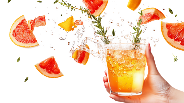 A woman holds a glass of vibrant grape cocktail, with grape slices and thyme sprigs exploding with sparkling radioactivity isolated on a white background.