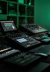 Obraz premium Modern music production setup with various electronic devices and software