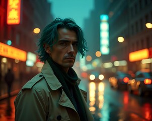 Obraz premium A man with blue hair stands on a rainy city street at night, wearing a trench coat, exuding a confident, cinematic presence amidst neon lights.