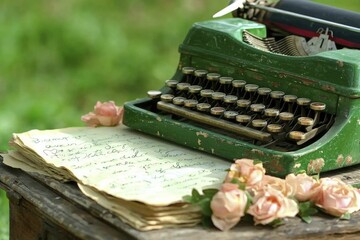 Close-up of a journal page showcasing success prompts, elegantly arranged beside an antique typewriter.