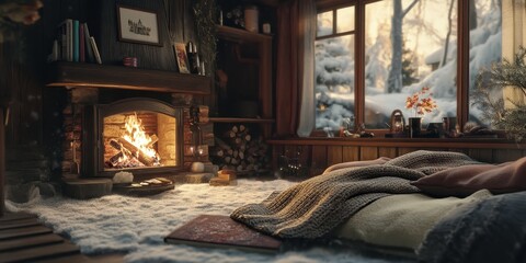 A cozy winter cabin interior featuring a lit fireplace and snowy view