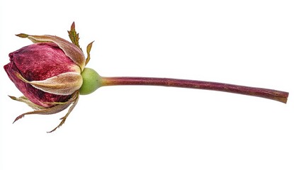 Fototapeta premium Dark Red Rose Bud on White Background Close Up Studio Shot