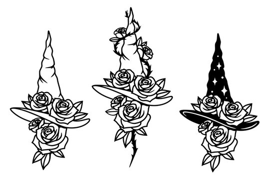 Hand drawn mystical witch hat with roses and thorns. Outline vector design.