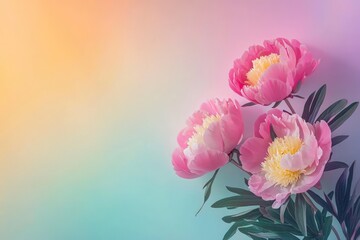 Soft pink peony flowers side-placed on a bright gradient backdrop