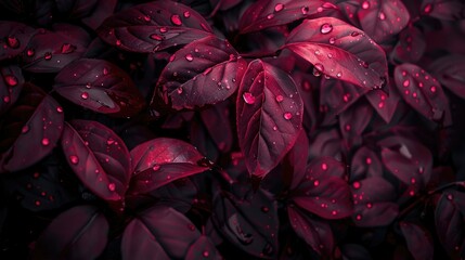 water drops of dark maroon leaves background