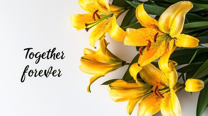 "Together forever" written with bright yellow lilies beside on white