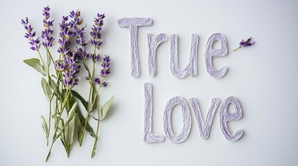 "True love" written with soft lavender flowers beside on white