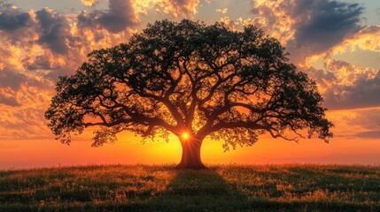 Fototapeta premium Majestic oak silhouetted against vibrant sunset