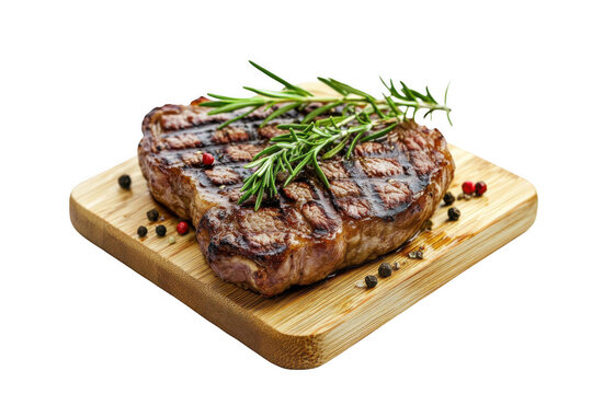 Steak on a wooden board, grilled beef steak with rosemary and salt, isolated on a white background