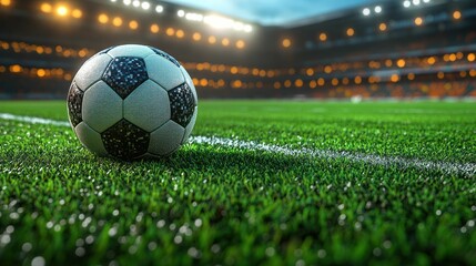 Fototapeta premium Soccer ball rests on stadium grass, night game.