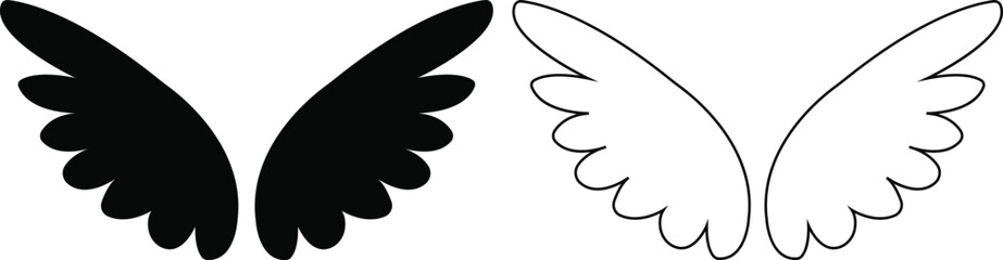 Wings with long feather icon in line and flat set. isolated on transparent background.