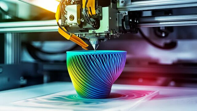 Colorful 3D printer creating a unique spiraled bowl in a modern workspace at midday
