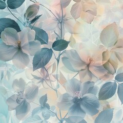 Multi-colored translucent leaves and pastel-colored flowers are superimposed on each other on a soft background, creating a delicate and airy visual effect. The concept of nature.