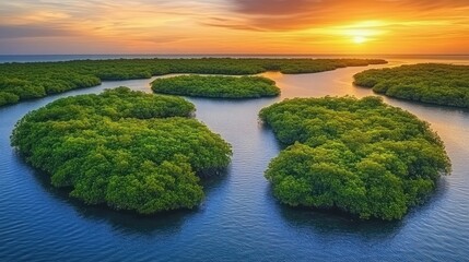 Aerial sunset view of mangrove islands