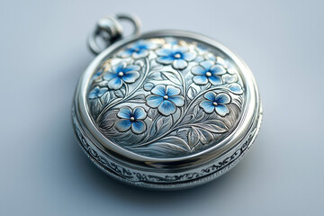 Intricate silver pocket watch with blue floral engraving, showcasing fine craftsmanship and artistry.