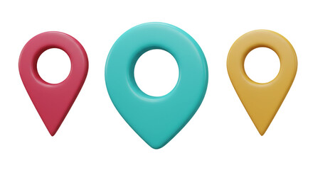 Location Pin 3D Render: Red, Blue, and Yellow GPS Markers