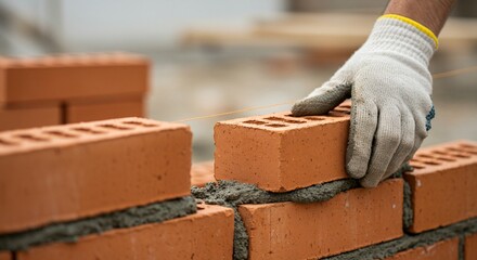 Bricklayer hand leveling the brick with string line. Construction worker building house. Masonry tools, professional builder laying bricks for building wall.