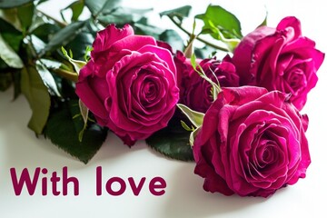 "With love" written with vibrant pink roses placed beside on white