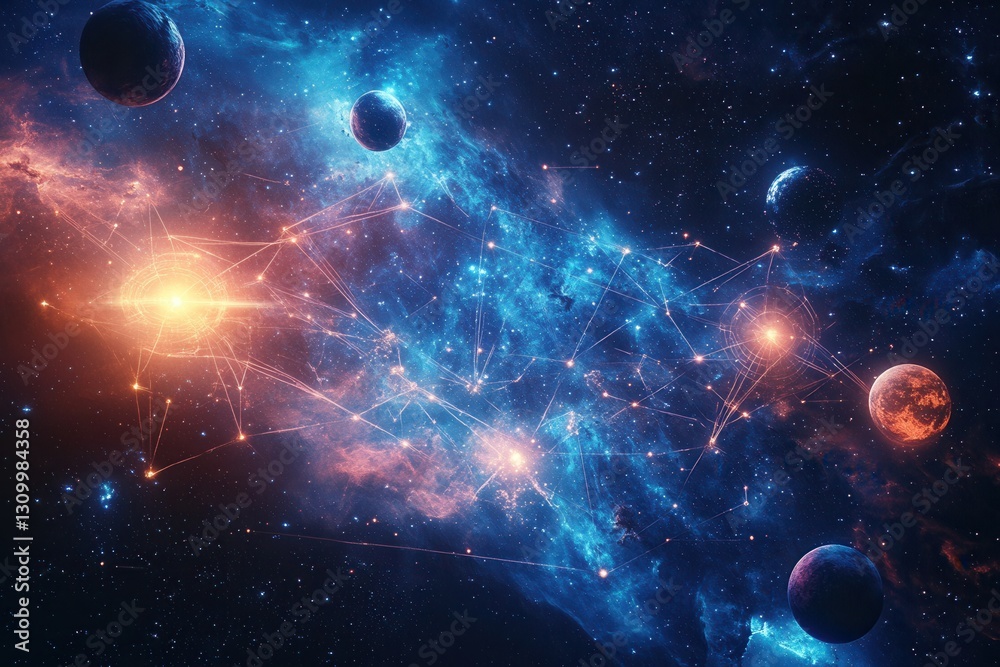 Poster dreamy cosmic landscape featuring interconnected planets and creative symbols in a vibrant nebula at