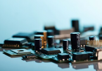 Close-up of a circuit board with electronic components and capacitors