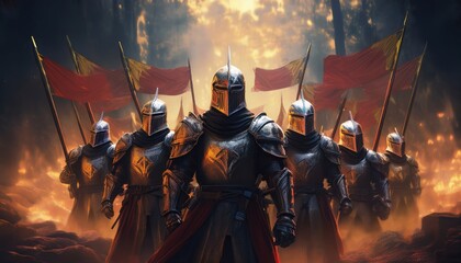 A group of armored knights marches confidently through a magical forest, banners fluttering.